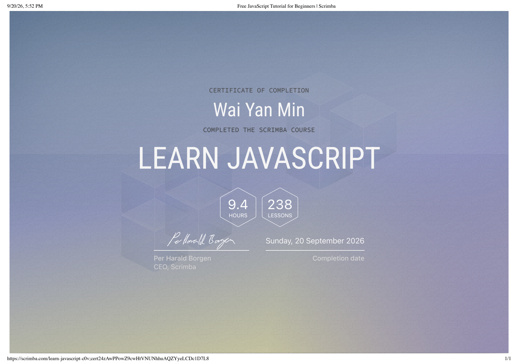 Scrimba certificate of completion for Learn JavaScript awarded to Wei Yan Min on September 20, 2026