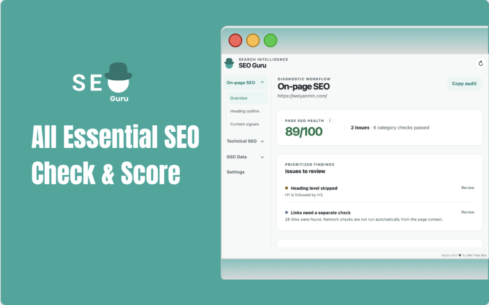 SEO Guru Chrome extension showing an on-page SEO health score and prioritized findings.