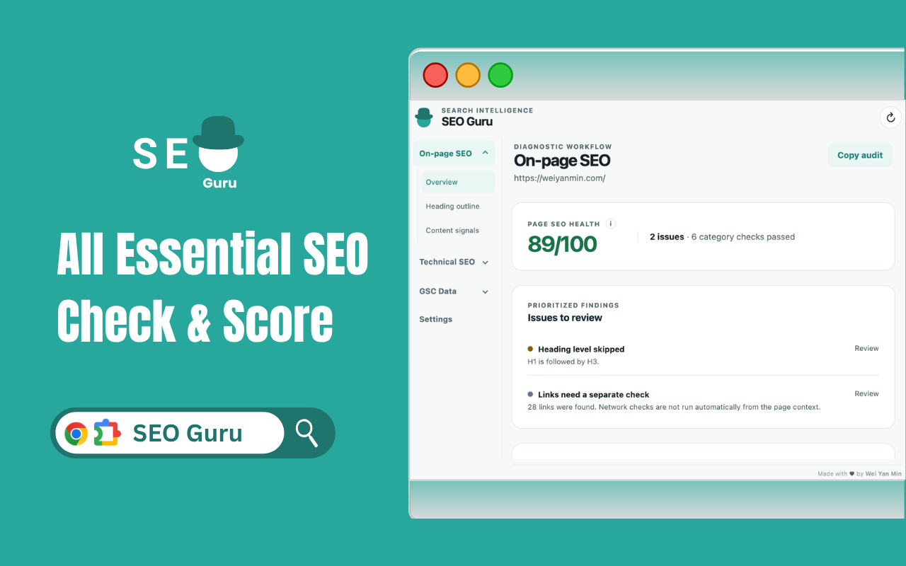 SEO Guru showing an on-page SEO health score and prioritized findings