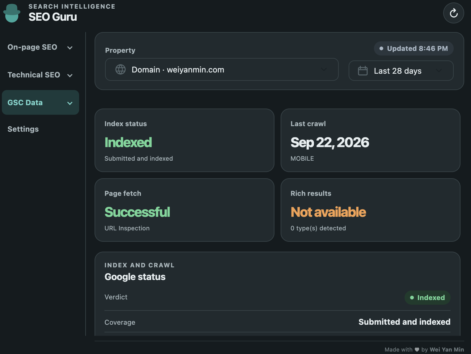 SEO Guru Google Search Console data panel showing an indexed URL, last crawl date, successful page fetch, and rich results status.